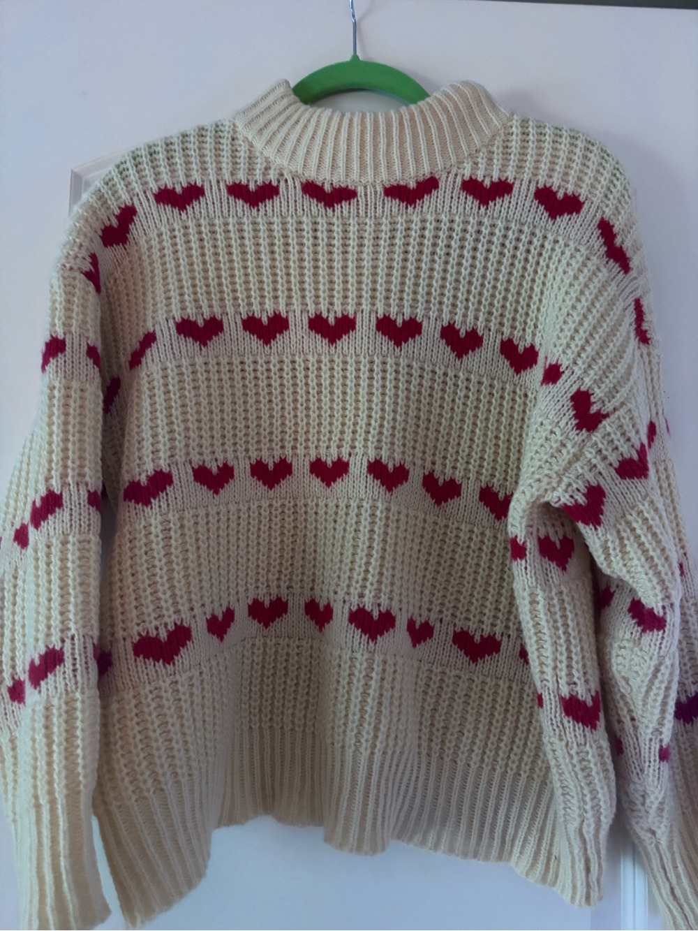 Cream and Red Heart Pattern Women's Sweater